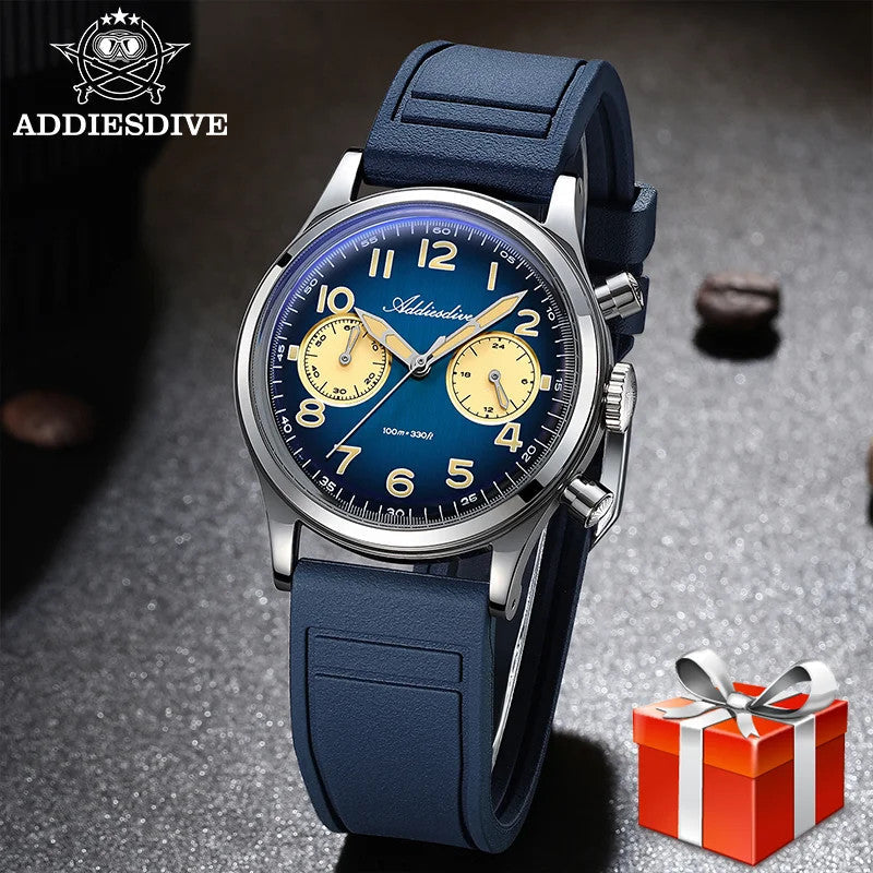 ADDIESDIVE VK64 38MM quartz chronograph with blue dial, cream sub-registers and blue rubber strap, lifestyle shot with