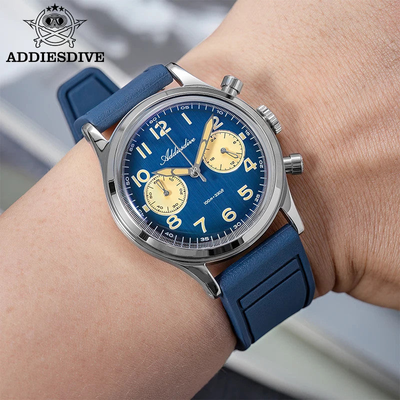 ADDIESDIVE VK64 38MM quartz chronograph with blue dial, cream sub-registers and blue rubber strap, shown on wrist