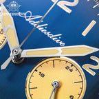 ADDIESDIVE VK64 38MM quartz chronograph macro close-up of blue dial, cream sword hands and sub-register detail