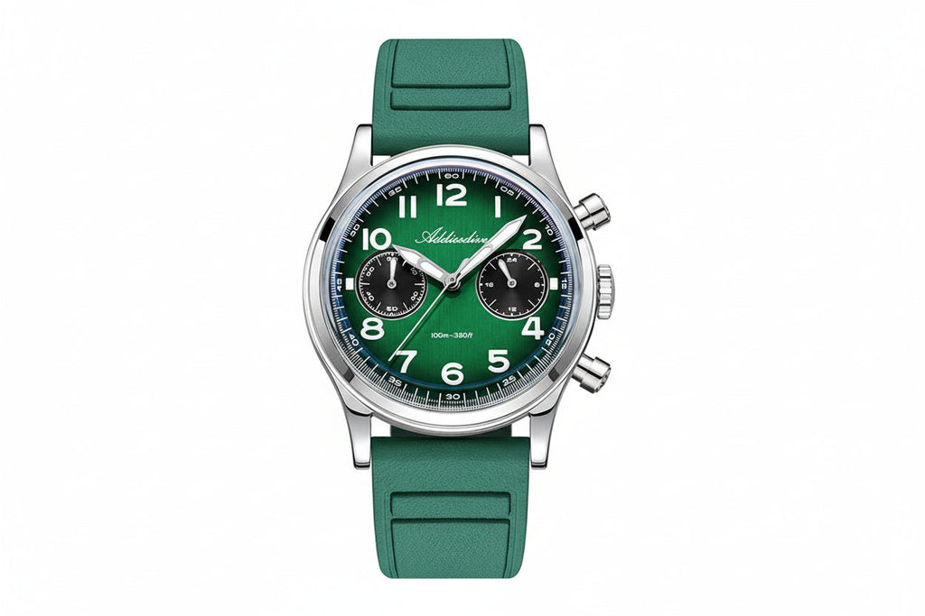 ADDIESDIVE VK64 38MM quartz chronograph with green dial, black sub-registers and green rubber strap, front view