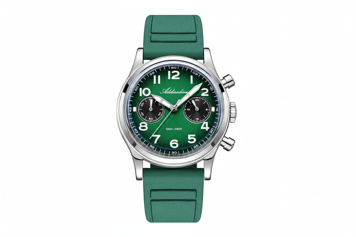 ADDIESDIVE VK64 38MM quartz chronograph with green dial, black sub-registers and green rubber strap, front view