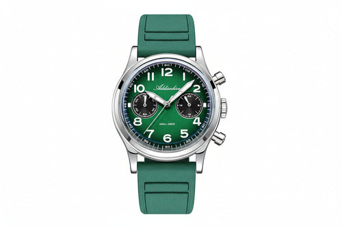 ADDIESDIVE VK64 38MM quartz chronograph with green dial, black sub-registers and green rubber strap, front view