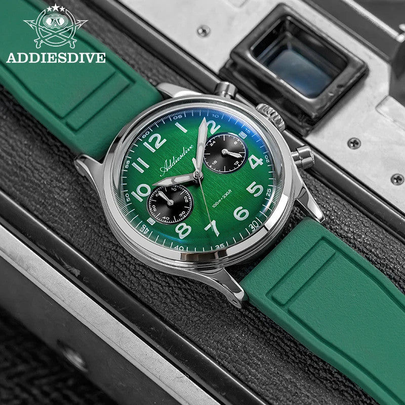 ADDIESDIVE VK64 38MM quartz chronograph with green dial, cream sub-registers and green rubber strap, lifestyle shot