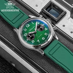 ADDIESDIVE VK64 38MM quartz chronograph with green dial, cream sub-registers and green rubber strap, lifestyle shot