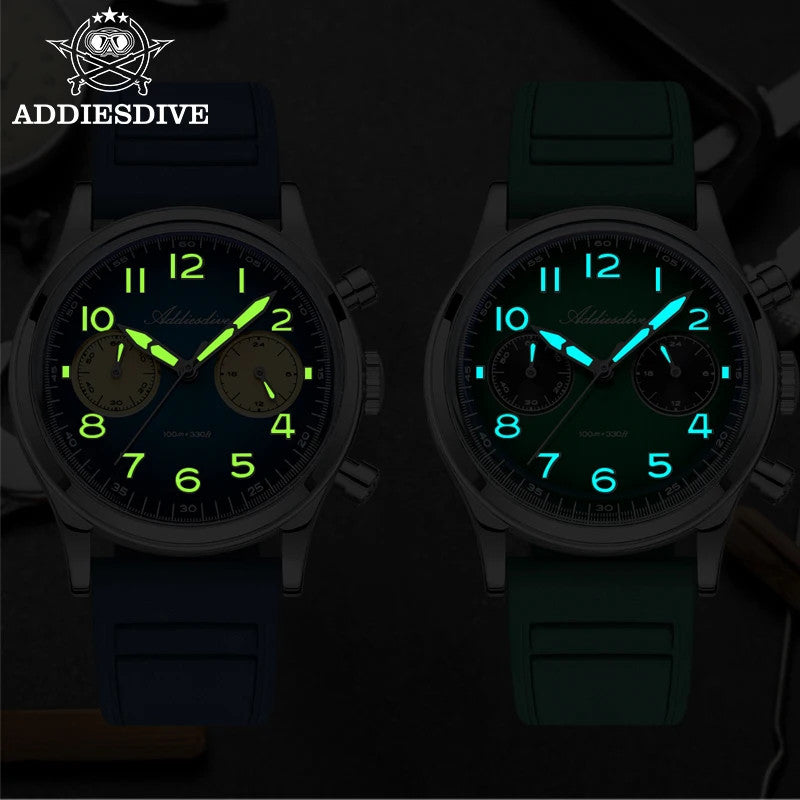 ADDIESDIVE VK64 38MM quartz chronograph showing blue and green variants with bright green luminous hands and markers in dark