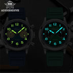 ADDIESDIVE VK64 38MM quartz chronograph showing blue and green variants with bright green luminous hands and markers in dark