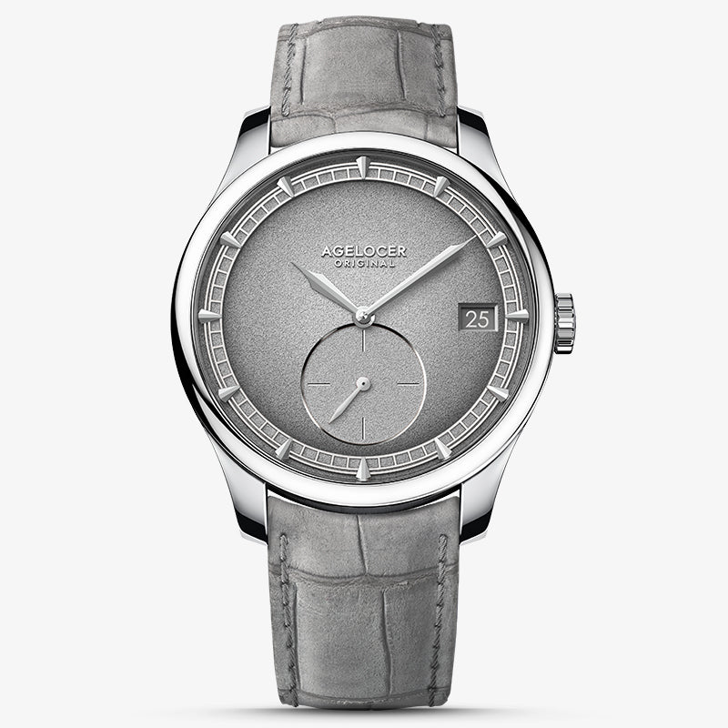 Agelocer Petite Seconde automatic dress watch, steel case, all-grey dial with small-seconds sub-dial, grey strap, front view