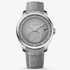 Agelocer Petite Seconde automatic dress watch, steel case, all-grey dial with small-seconds sub-dial, grey strap, front view
