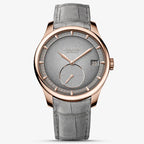 Agelocer Petite Seconde automatic watch, rose gold case, grey dial with small-seconds sub-dial, grey strap, front view