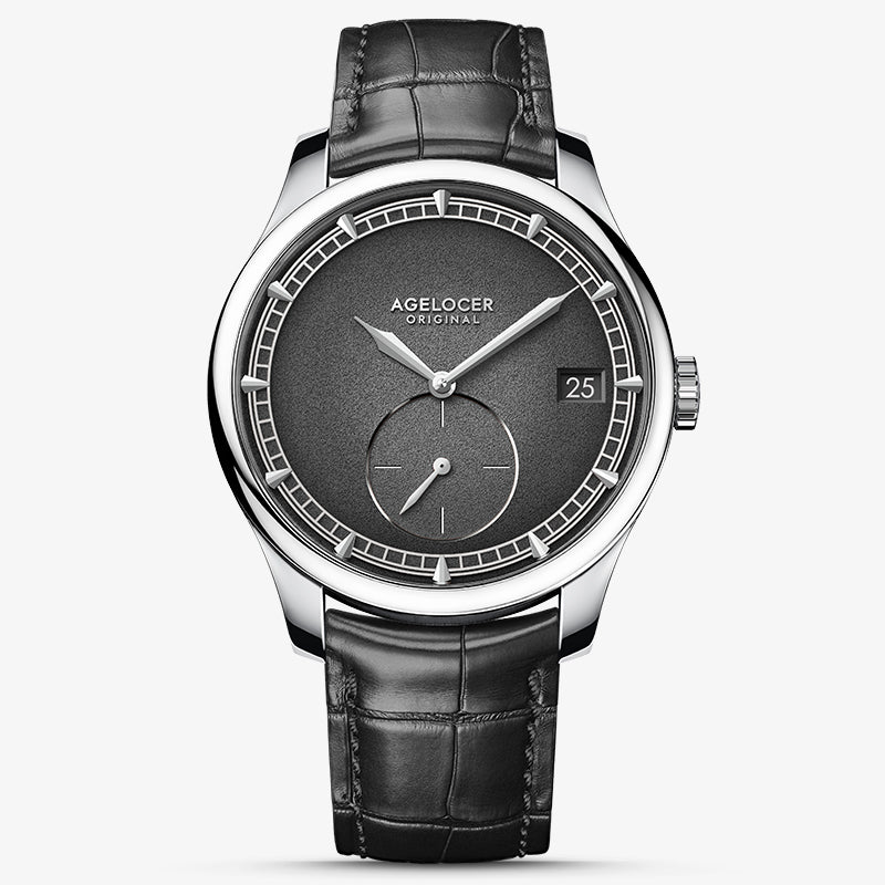 Agelocer Petite Seconde automatic watch, steel case, black dial with small-seconds sub-dial, black strap, front view