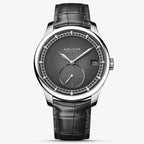 Agelocer Petite Seconde automatic watch, steel case, black dial with small-seconds sub-dial, black strap, front view