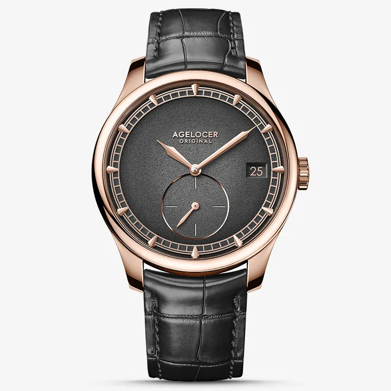 Agelocer Petite Seconde automatic watch, rose gold case, black dial with small-seconds sub-dial, black strap, front view