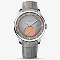Agelocer Petite Seconde automatic watch, steel case, grey dial with salmon sub-dial, grey strap, front view