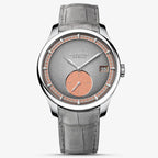 Agelocer Petite Seconde automatic watch, steel case, grey dial with salmon sub-dial, grey strap, front view