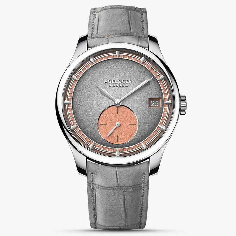 Agelocer Petite Seconde automatic watch, steel case, grey dial with salmon sub-dial, grey strap, front view