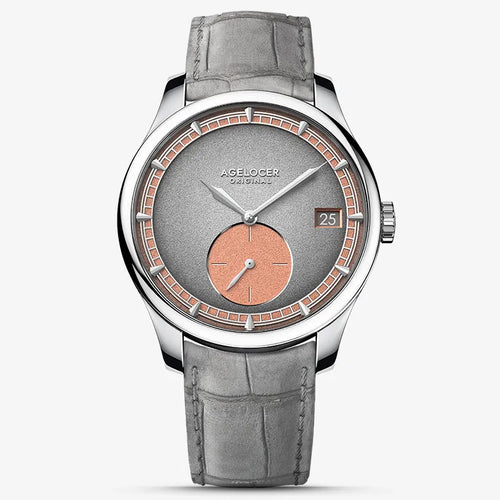 Agelocer Petite Seconde automatic watch, steel case, grey dial with salmon sub-dial, grey strap, front view