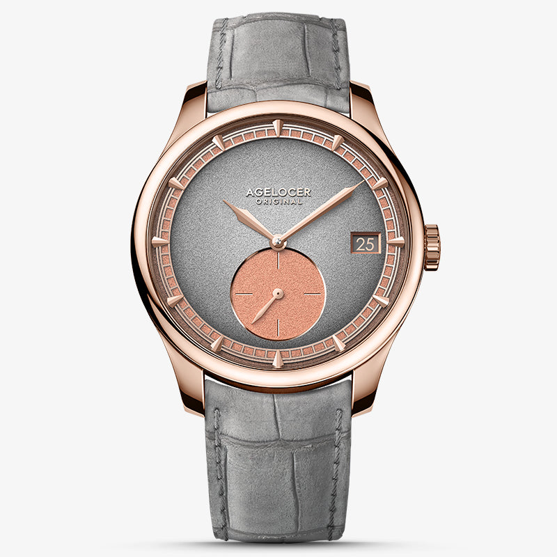 Agelocer Petite Seconde automatic watch, rose gold case, grey dial with salmon sub-dial, grey strap, front view