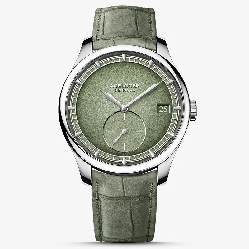 Agelocer Petite Seconde automatic watch, steel case, avocado green dial with small-seconds sub-dial, green strap, front view