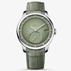 Agelocer Petite Seconde automatic watch, steel case, avocado green dial with small-seconds sub-dial, green strap, front view