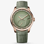 Agelocer Petite Seconde automatic watch, rose gold case, avocado green dial, small-seconds sub-dial, green strap, front view