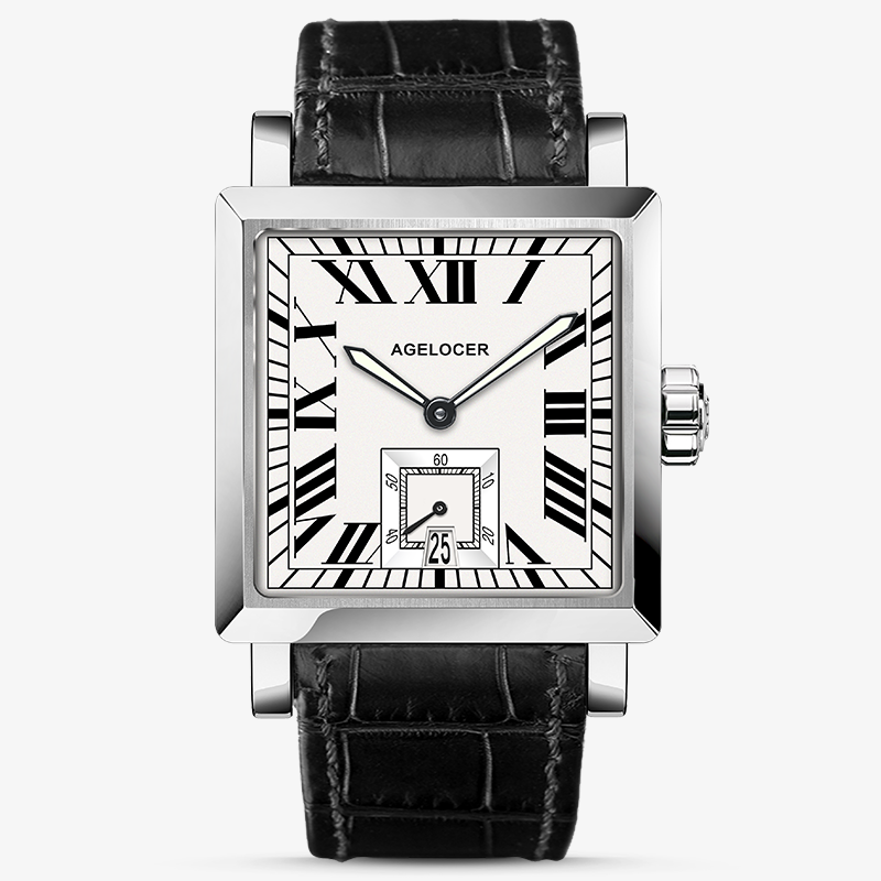 Agelocer Codex square automatic watch, white Roman numeral dial, steel case, black leather strap, front view