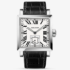 Agelocer Codex square automatic watch, white Roman numeral dial, steel case, black leather strap, front view