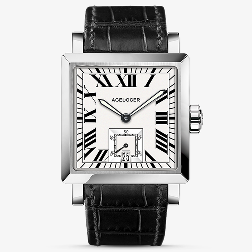 Agelocer Codex square automatic watch, white Roman numeral dial, steel case, black leather strap, front view