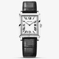 Agelocer Codex square quartz women's watch, white dial with Roman numerals, steel case, black leather strap, front