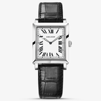 Agelocer Codex square quartz women's watch, white dial with Roman numerals, steel case, black leather strap, front