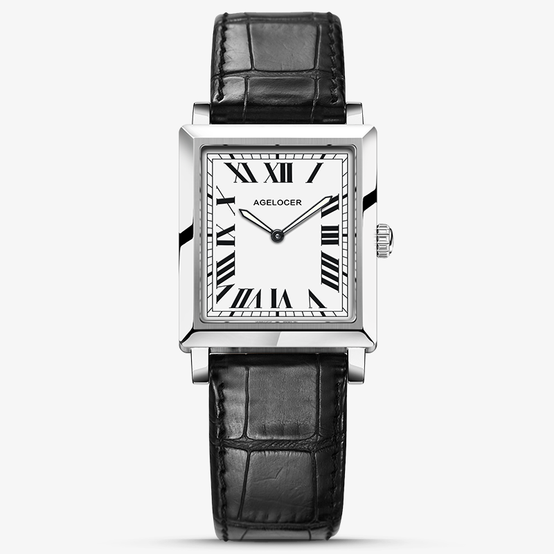 Agelocer Codex square quartz women's watch, white dial with Roman numerals, steel case, black leather strap, front