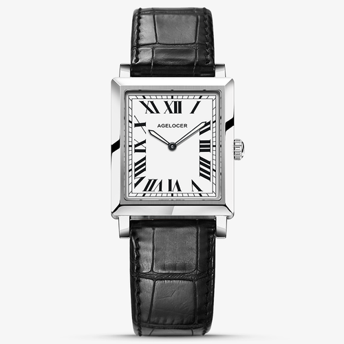 Agelocer Codex square quartz women's watch, white dial with Roman numerals, steel case, black leather strap, front