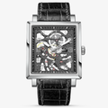 Agelocer Codex square double skeleton automatic watch, steel case, openwork dial with Arabic numerals, black strap