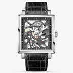 Agelocer Codex square double skeleton automatic watch, steel case, openwork dial with Arabic numerals, black strap