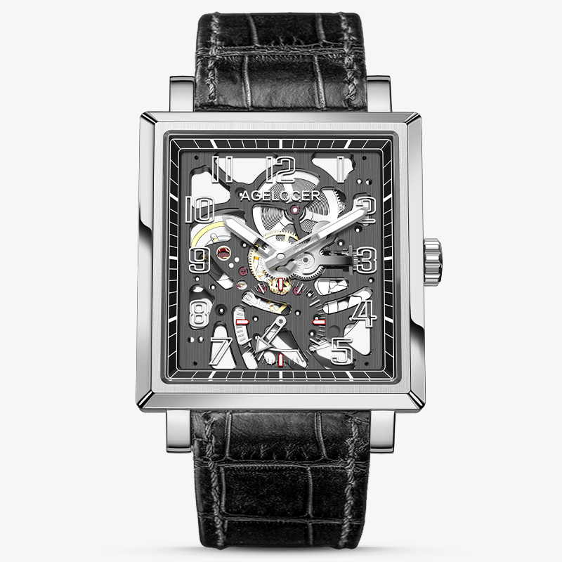 Agelocer Codex square double skeleton automatic watch, steel case, openwork dial with Arabic numerals, black strap