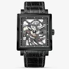 Agelocer Codex square double skeleton automatic watch, black case, openwork dial with Arabic numerals, black strap