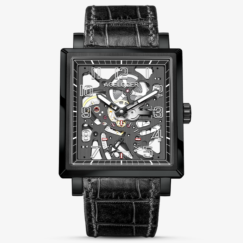 Agelocer Codex square double skeleton automatic watch, black case, openwork dial with Arabic numerals, black strap