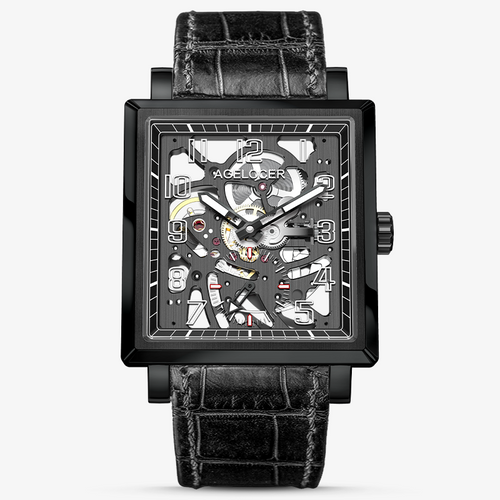 Agelocer Codex square double skeleton automatic watch, black case, openwork dial with Arabic numerals, black strap