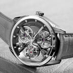 Agelocer 3D-Manta flying tourbillon watch angled close-up on leather, silver case and grey suede strap