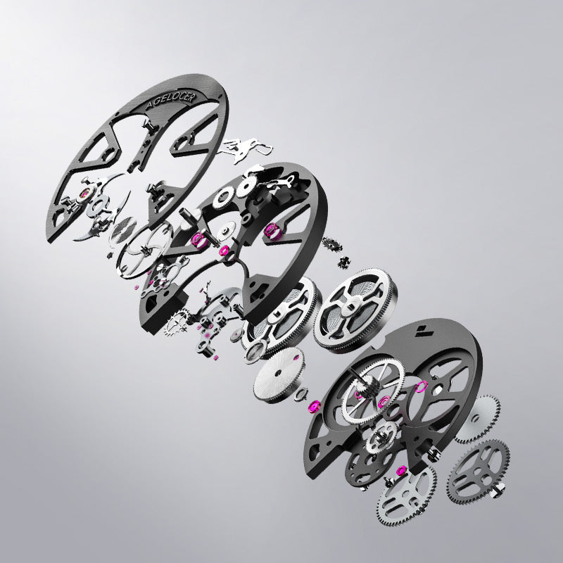 Exploded view of Agelocer 3D-Manta tourbillon movement components and skeleton bridges