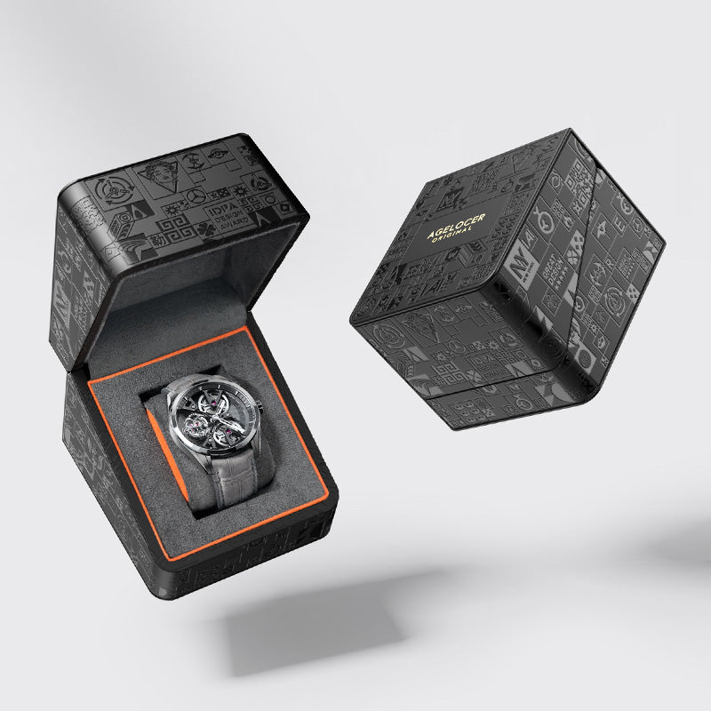Agelocer 3D-Manta tourbillon watch displayed in a patterned Agelocer Original gift box, packaging view