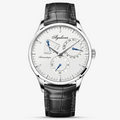 Agelocer Budapest automatic watch with power reserve display, white dial, steel case, black leather strap, front view