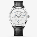 Agelocer Budapest automatic watch with power reserve display, white dial, steel case, black leather strap, front view
