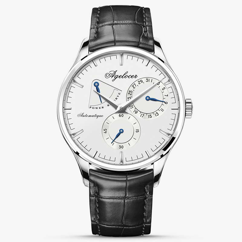 Agelocer Budapest automatic watch with power reserve display, white dial, steel case, black leather strap, front view