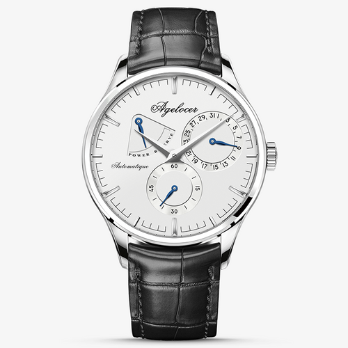 Agelocer Budapest automatic watch with power reserve display, white dial, steel case, black leather strap, front view