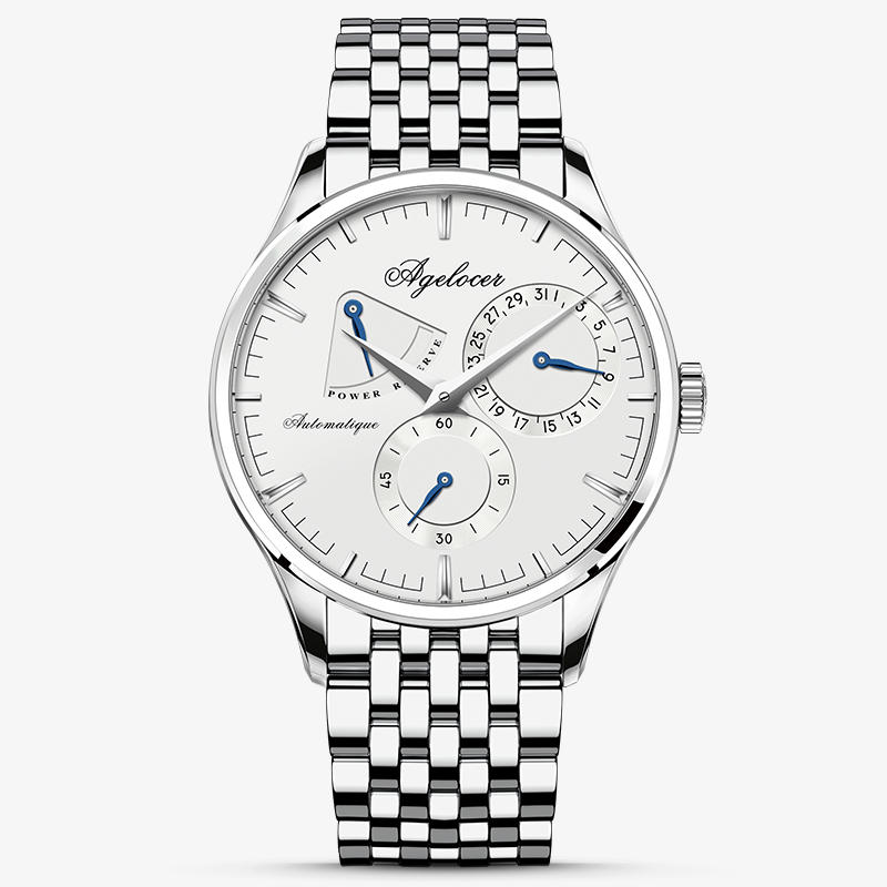 Agelocer Budapest automatic watch, white dial and steel case with power reserve display, steel bracelet, front view