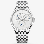 Agelocer Budapest automatic watch, white dial and steel case with power reserve display, steel bracelet, front view