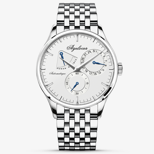 Agelocer Budapest automatic watch, white dial and steel case with power reserve display, steel bracelet, front view