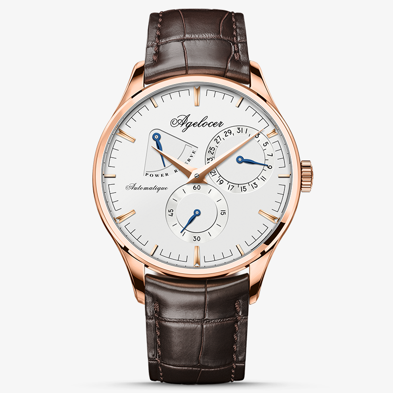 Agelocer Budapest automatic watch with power reserve display, white dial, rose gold case, brown leather strap, front