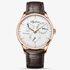 Agelocer Budapest automatic watch with power reserve display, white dial, rose gold case, brown leather strap, front