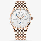 Agelocer Budapest automatic watch, white dial, rose gold case and bracelet with power reserve display, front view